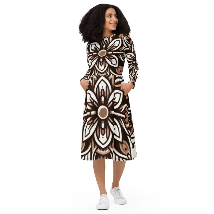 Long Sleeve Midi Dress, Cyber Petal Harmony