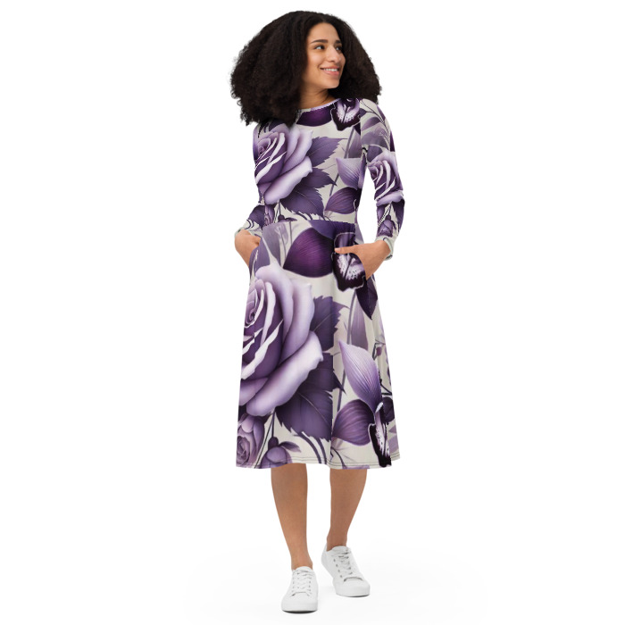 Long Sleeve Midi Dress, Violet Elegance